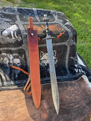 Damascus Steel Double Edge Full Tang Dagger Micarta Handle Repro w/ Sheath