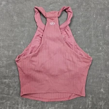 Alo Yoga Shirt Womens XS Pink Ribbed High Neck Crop Tank Top Gym Athletic