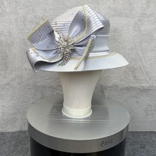 Elite Champagne Hat Adjustable Silver Satin Wide Brim Rhinestone Derby Church