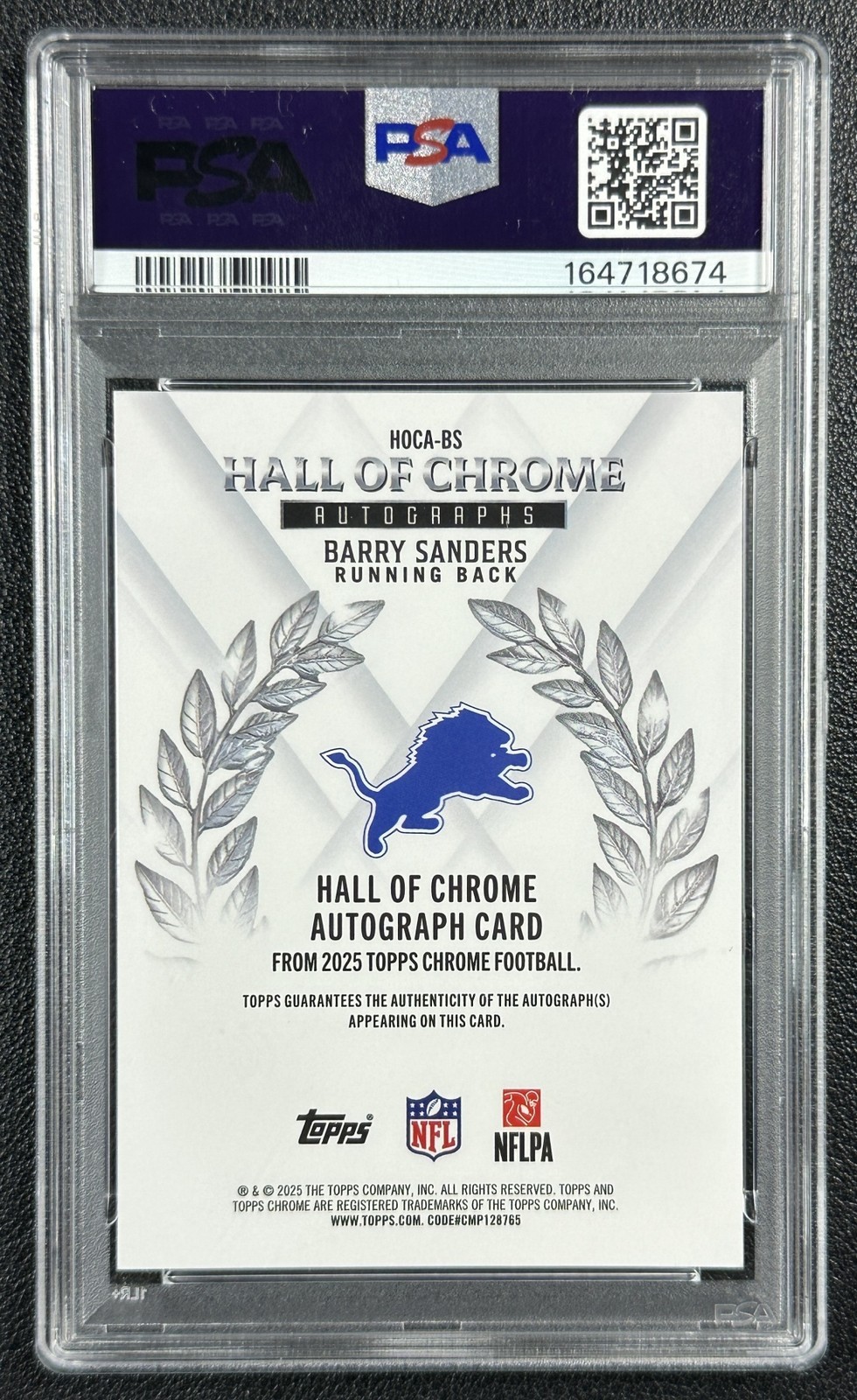 BARRY SANDERS PSA 10 2025 TOPPS SAPPHIRE HALL OF CHROME AUTO PADPARADSCHA 1/1 view 2