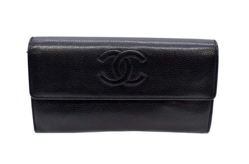 Authentic Chanel CC Timeless Flap Wallet Black Caviar Leather With Chain