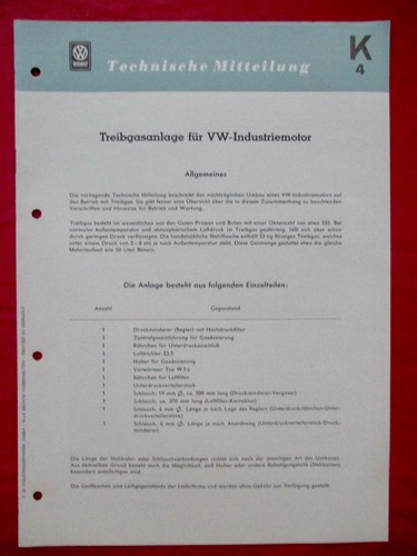 K4 VW Dienst Technische Mitteilung K4 2-.1956 Treibgasanlage für Industriemotor