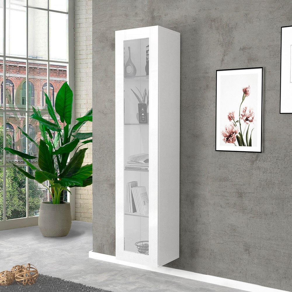 Vitrina blanco brillante para salón con 4 estantes de cristal Joy Vidrio