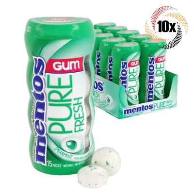 Full Box 10x Bottles Mentos Pure Fresh Spearmint Gum, 15 Pieces Each - 1.06oz