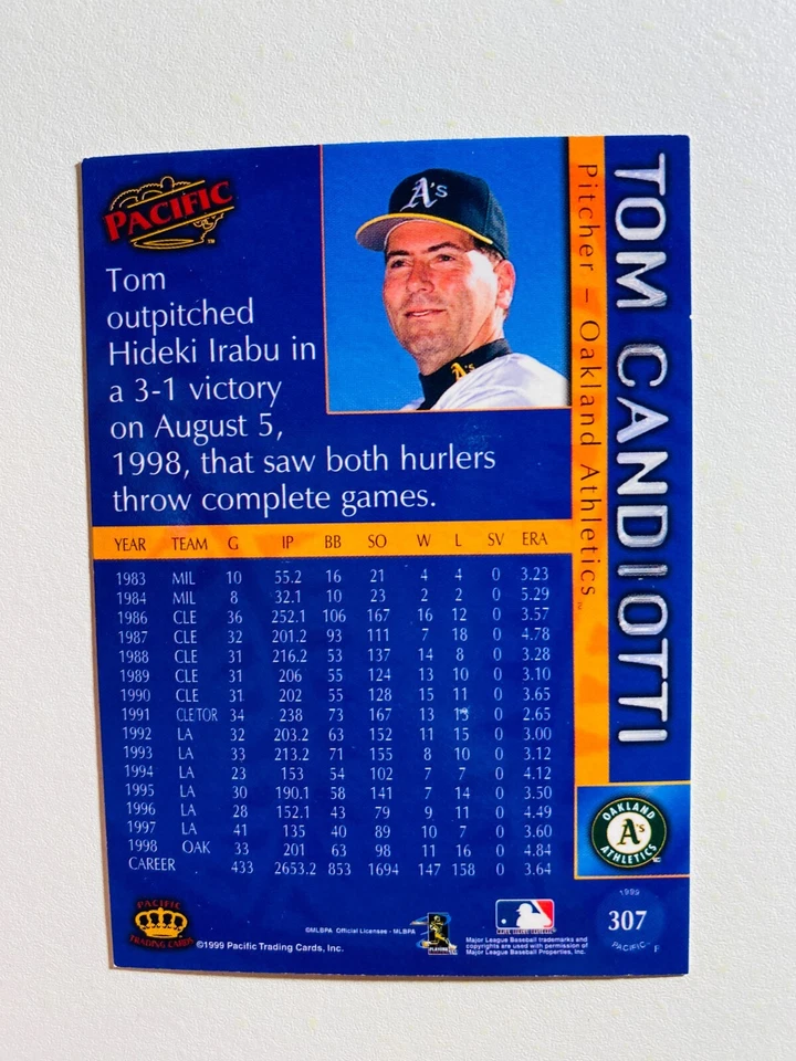 1999 PACIFIC #307 TOM CANDIOTTI NM-MT MLB BASEBALL CARD - Image 2 of 2