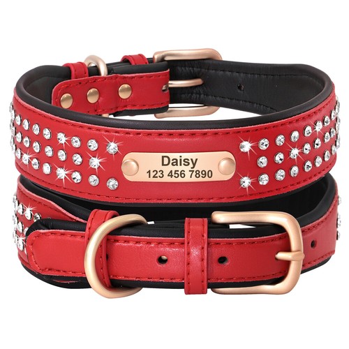 Personalisiert Echtes Leder Hundehalsband Namen Strasshalsband Mittelgroße Hund - Picture 16 of 16