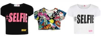 MINX KIDS GIRLS CUTE SLOGAN CROP TOP BLACK WHITE COMIC #SELFIE T SHIRT 7-13 YEARS