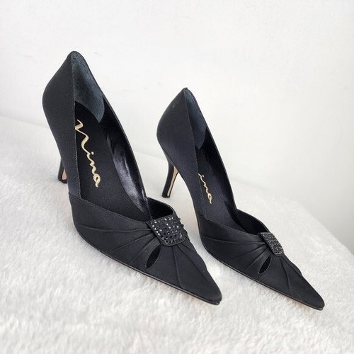 Nina Black Satin Extreme Pointed Toe Slip On Stiletto Heels Pumps Size 6.5  | eBay