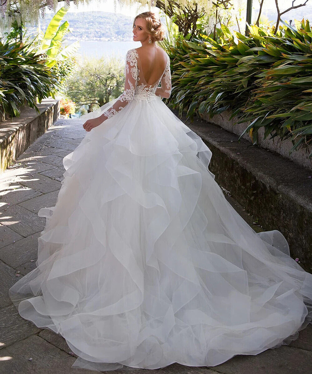 Elegant A-Line Wedding Dresses Full Sleeves Ruffled Lace Appliques Bridal  Gowns | eBay