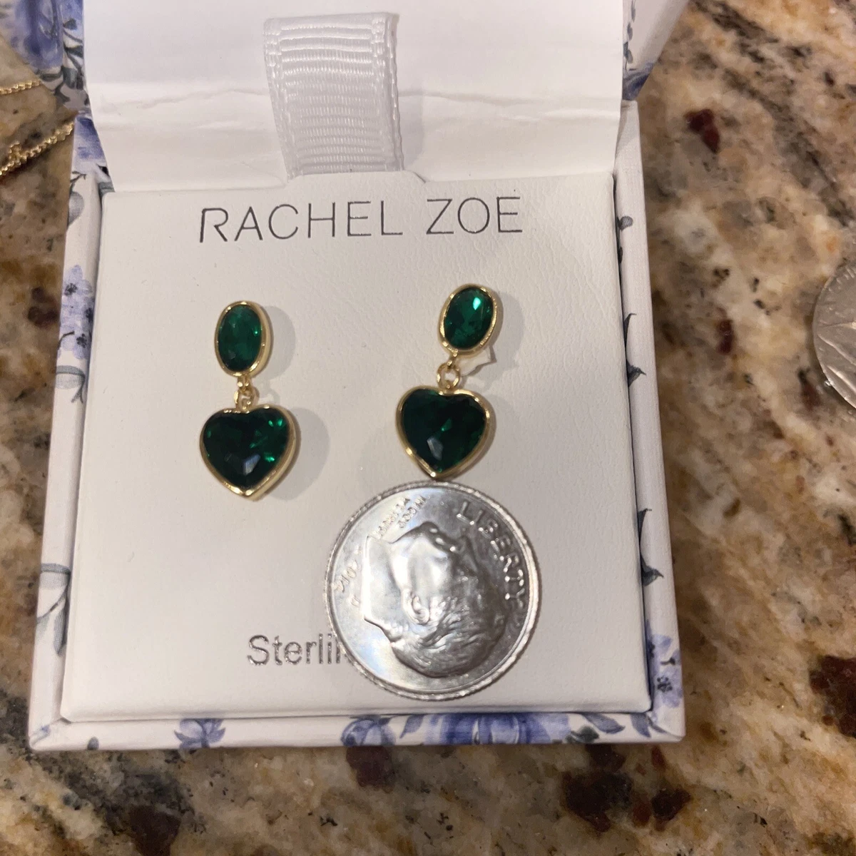 Rachel Zoe Gold Sterling Silver Green Mini Heart CZ Dangle Earrings NEW