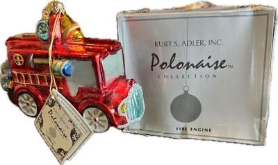 Vintage Kurt Adler 1996 Fire Engine Christmas Ornament Handblown Glass w/ Box