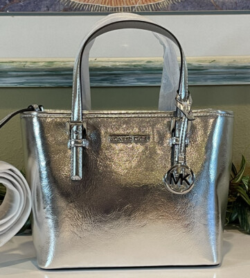 MICHAEL KORS JET SET TRAVEL XS ZIP CROSSBODY TOTE BAG MESSENGER METALLIC SILVER
