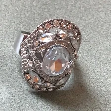 Estate Wide Slight Domed Oval Silvertone w Clear Rhinestones Cocktail Adjustabl 