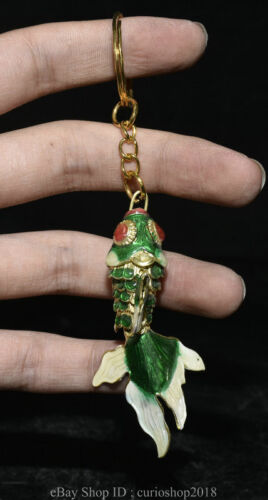 2.6 " China Green Cloisonne Enamel Gilt Fengshui Animal Gold Fish Amulet Pendant