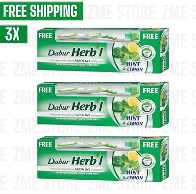 3X Dabur Herbal Whitening Toothpaste Lemon & Mint 150gm With Toothbrush Free