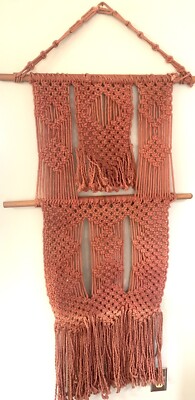 Vtg Large Hand Made Woven Jute  Macrame Wall Hanging  BOHO Hippie 28x48 Peach