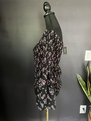 Express Smocked Black Floral Off Shoulder Shirt Top Sz Large Boho Festival Fairy - Picture 5 of 13