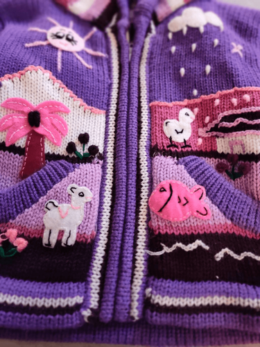 PERUVIAN HAND KNIT PATCHWORK HOODED ZIP UP PURPLE PINK SWEATER NWT - Picture 3 of 7