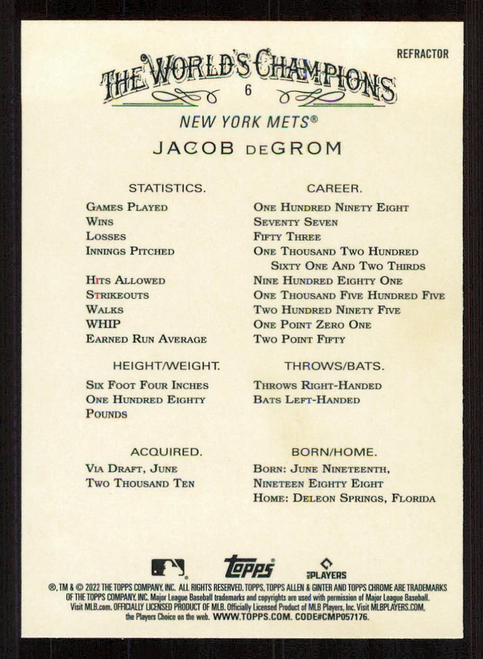 2022 Topps Allen and Ginter Chrome Refractors #6 Jacob deGrom - Image 2 of 2