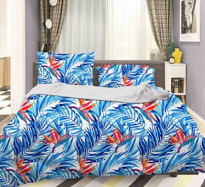3D Blue Leaf Flora Pattern Quilt Cover Set Bedding Sets Pillowcases Queen 2
