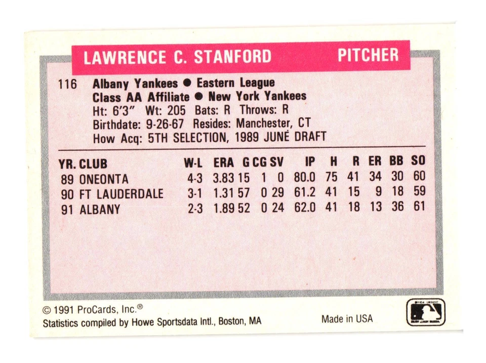 1991 ProCards Tomorrow's Heroes #116 Larry Stanford Albany-Colonie Yankees - Image 2 of 2
