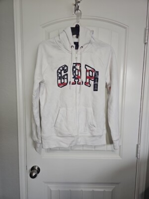 Gap Logo Womens Hoodie Full Zip Up Jacket Fleece White Sz M USA FLAG Patriotic 