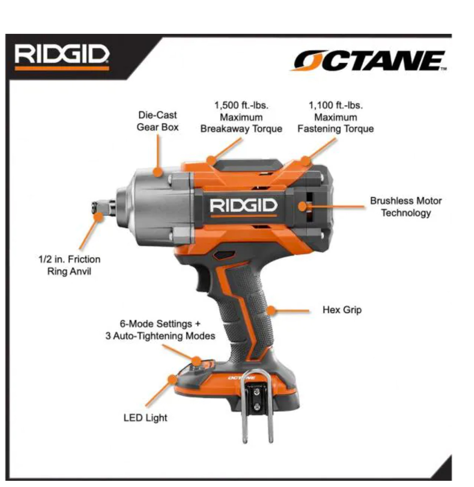 RIDGID Octane 18V 6-Mode 1/2" High Torque Impact Wrench TOOL + Bag R86211B NEW