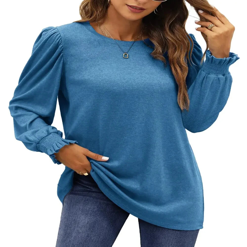 FANTASLOOK Blouse for Women Dressy Puff Sleeve Tunic Top Blue Size