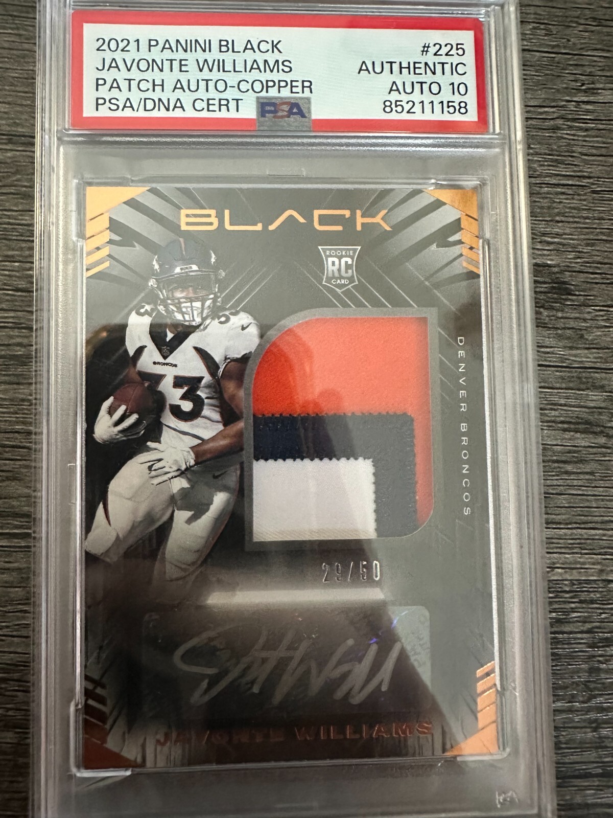 Javonte Williams Panini Black #225 Patch Autograph-Copper