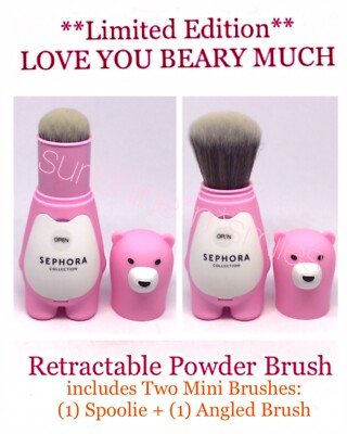 Sephora BEAR-SHAPED Retractable Powder Brush + Mini Spoolie Angled Brush ~ PINK