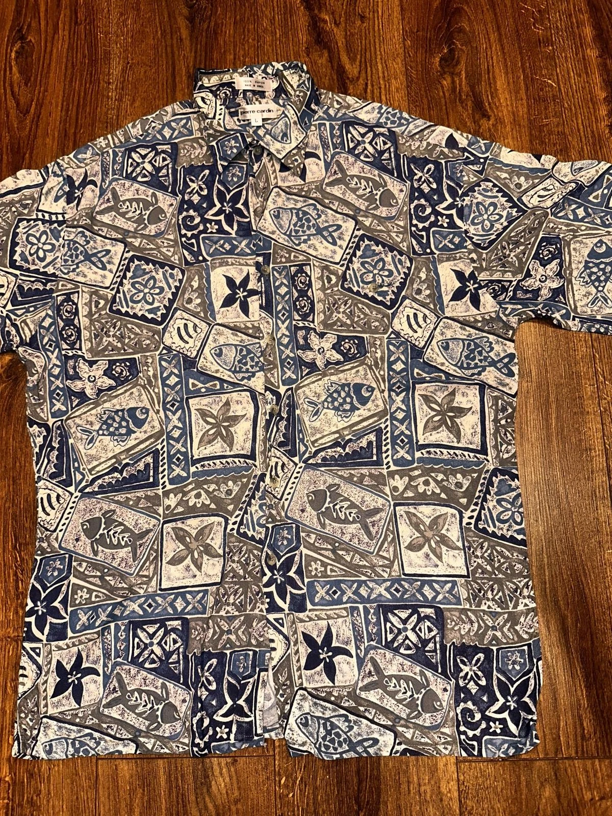 Pierre Cardin Fish Print Hawaiian Shirt Blue Grey Rayon Short Sleeve Large