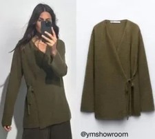 ZARA khaki olive brown mohair Alpaca blend long kimono wrap cardigan S 10 12 14