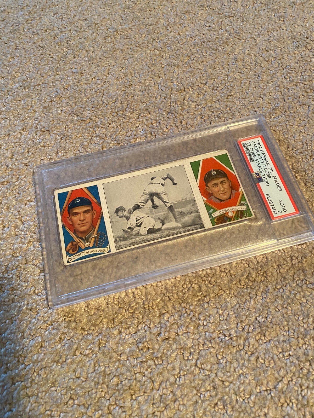 TY COBB T202 HASSAN TRIPLE FOLDER W/COBB STEALING THIRD PSA 2 62387403 CLEAN