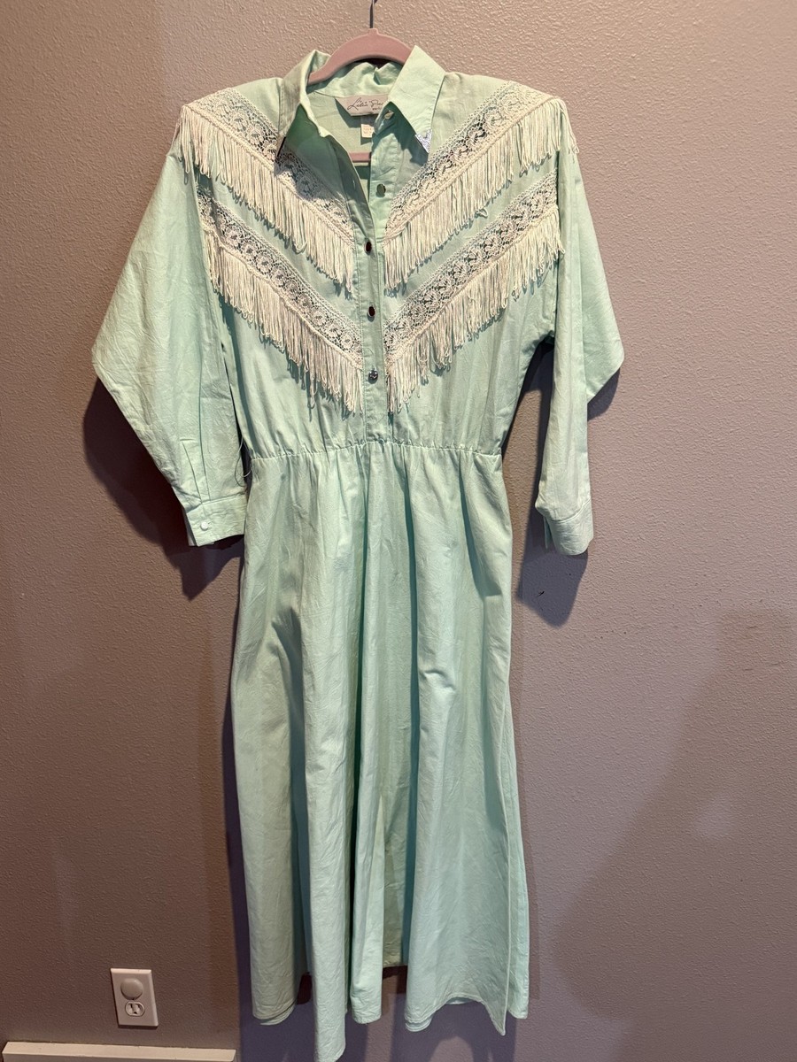 light green western dress Women's Vtg LILIA SMITTY Fringe Cowgirl Made in USA Size 7/8 Praise Dance