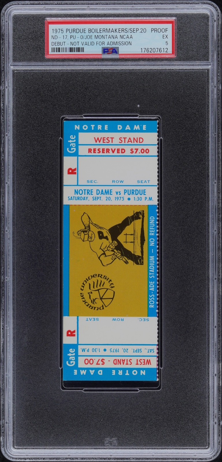 PSA 5 - 1975 JOE MONTANA NCAA DEBUT - PURDUE vs NOTRE DAME FOOTBALL FULL TICKET view 1