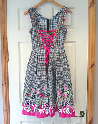 Trachtenpoint Dirndl Kleid Gr 34 Schwarz Weiß Gingham Rosa Blumen Saum Uk6