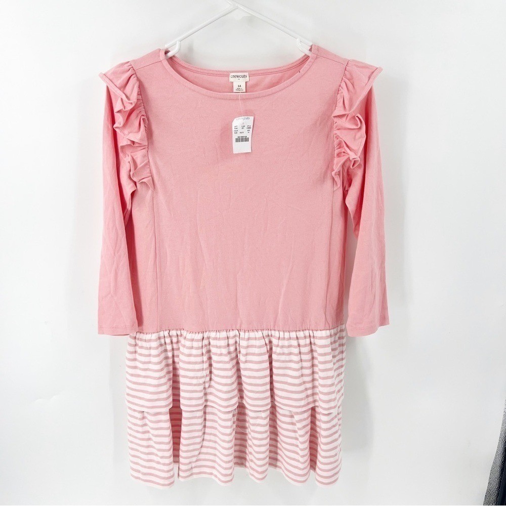 ✅ NWT J. Crew Crewcuts Girls Striped Pink Cotton Tiered Dress Size 14