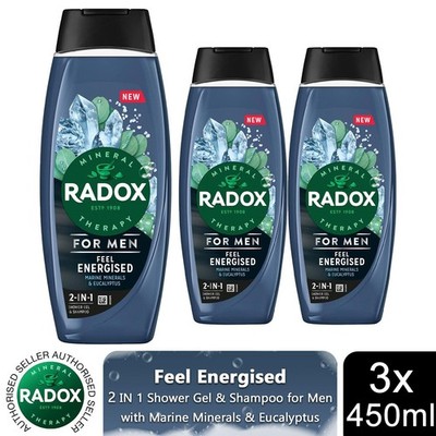 3x Radox Mineral Therapy Feel Energised 2in1 Duschgel & Shampoo für Männer, 450ml