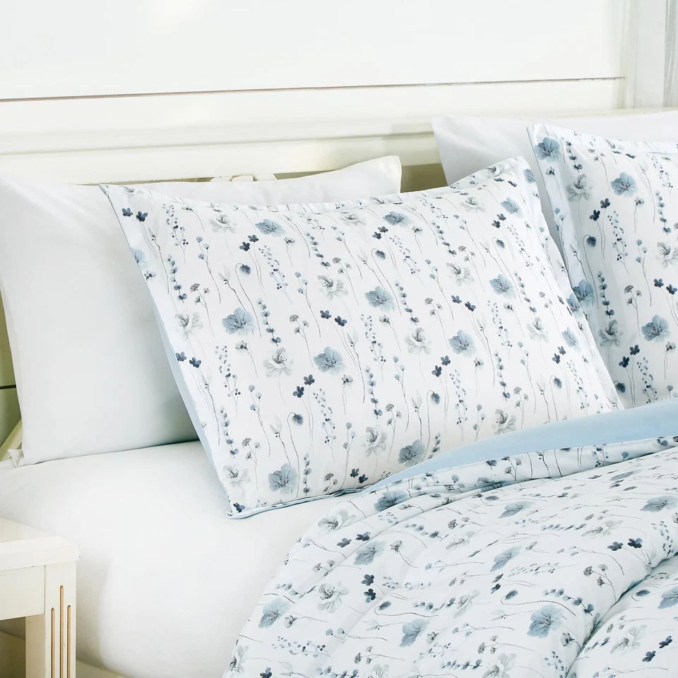 Fran 3-Piece Boho Floral Comforter Set, Full - Blue White Poppy Flower Waterc... - Image 3 of 4