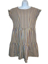 LOFT Outlet Plaid Tiered Mini Dress Ruffle Sleeve Seersucker Cottagecore Medium
