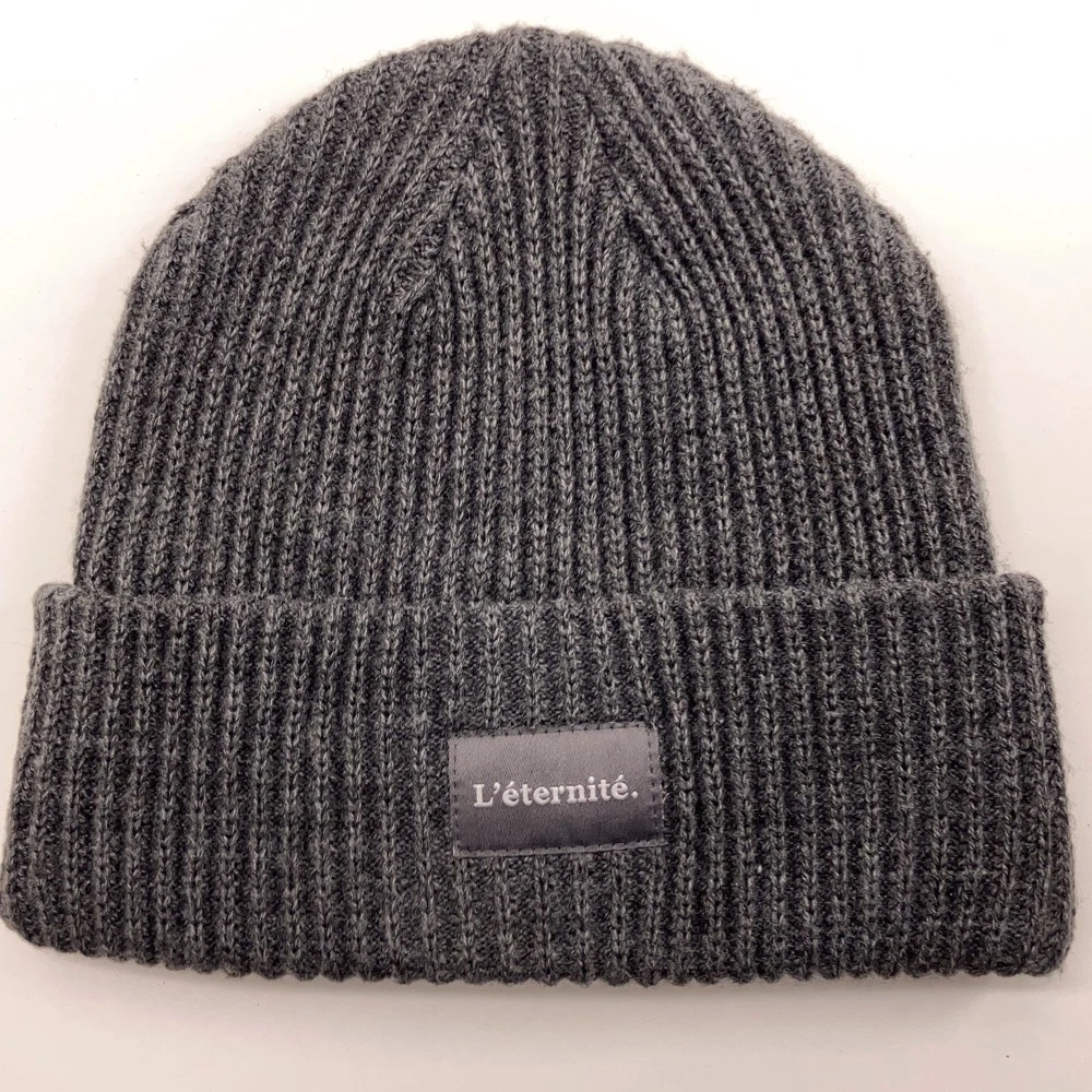 H&M rib knit dark gray winter hat leternite patch