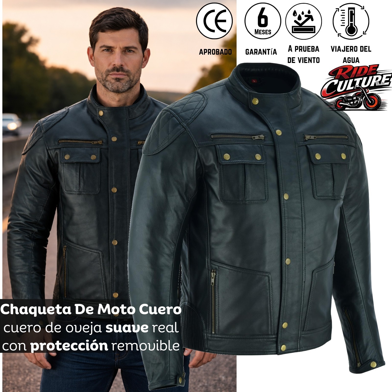 Chaqueta de Cuero Moto Motera Motocicleta Para Hombre CE Blanco 4 Estaciones