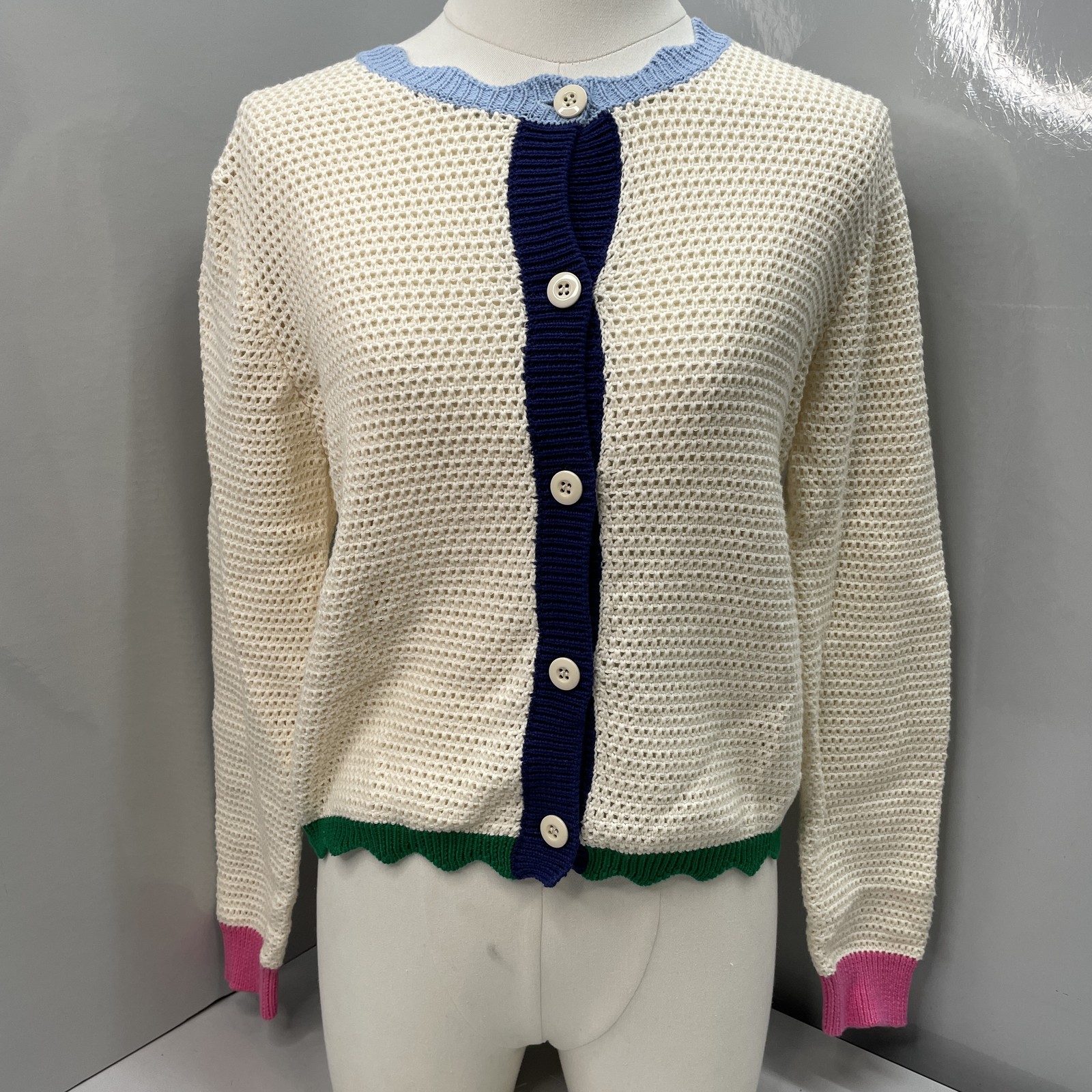 Trovata Womens Cardigan Sweater Cream/Multi Size S Open Knit Cotton Button Up