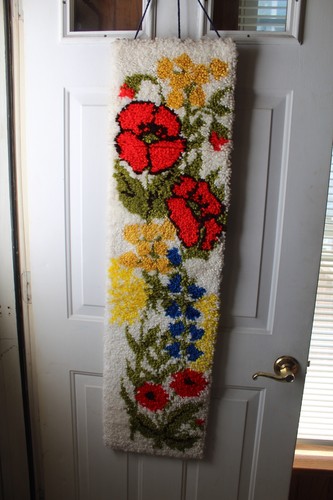 VINTAGE LATCH HOOK FLORAL WALL HANGING 12" WIDE 46" LONG