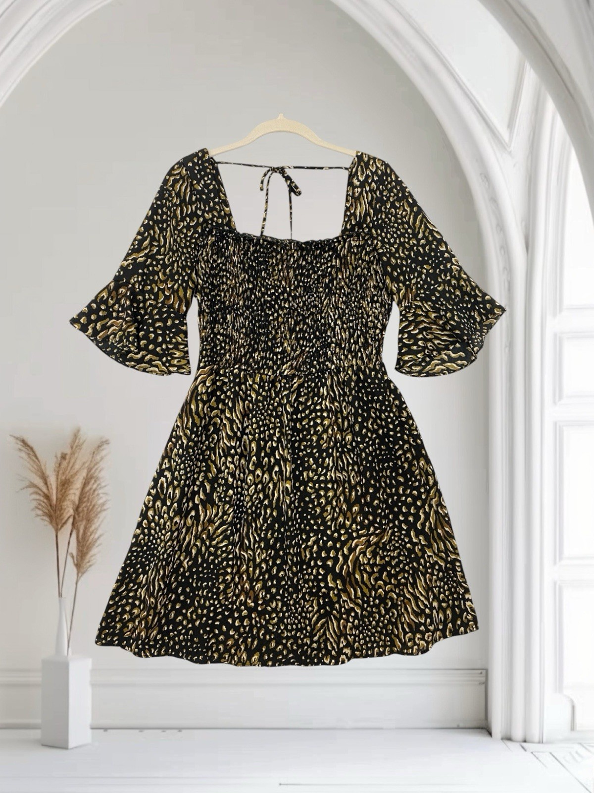 Lily White Smocked Bell Sleeve Dress Women’s Size Small Tie Neck Boho Chic