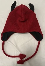 100% Soft Wool Red DEVIL HAT Knit ADULT Ski Cap Black Horns LINED Made In Nepal