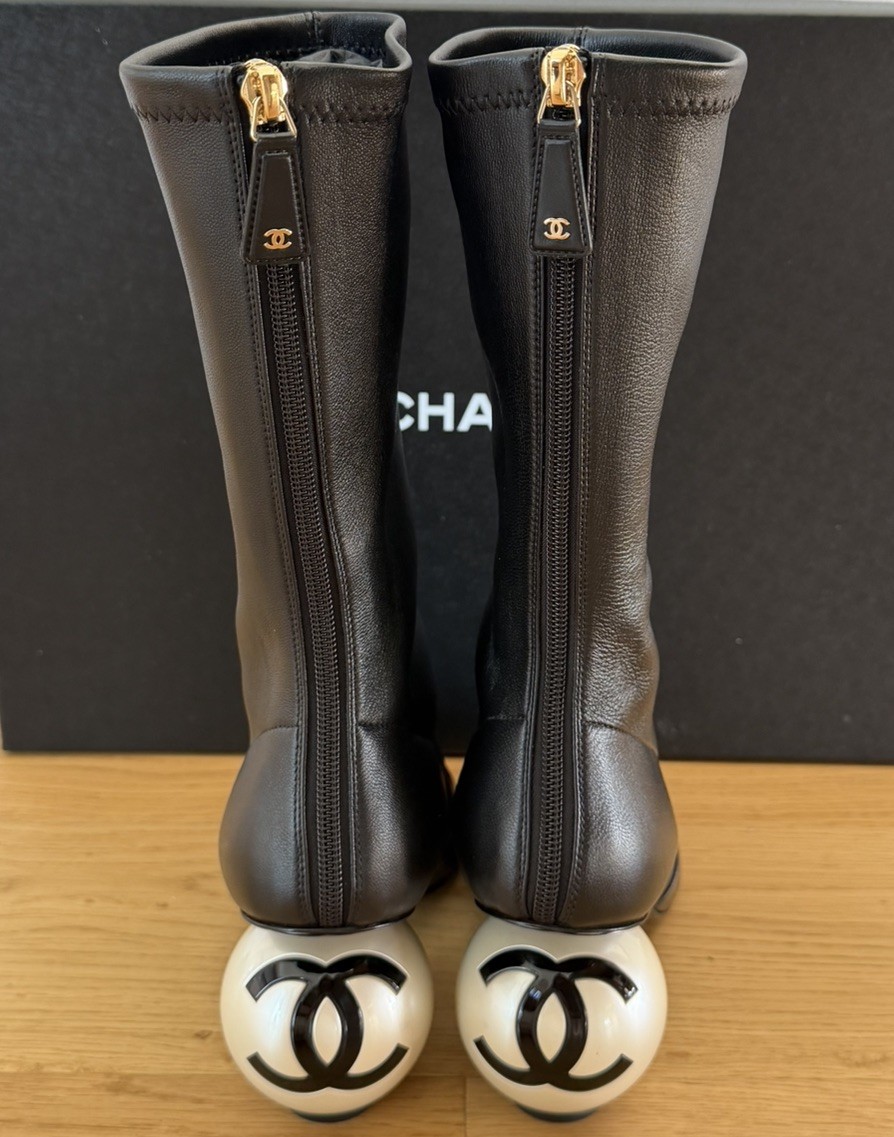 Chanel Pearl Heel Mid-Calf Boots Black Lambskin Patent Toe G46776