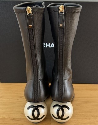 Chanel Pearl Heel Mid-Calf Boots Black Lambskin Patent Toe G46776
