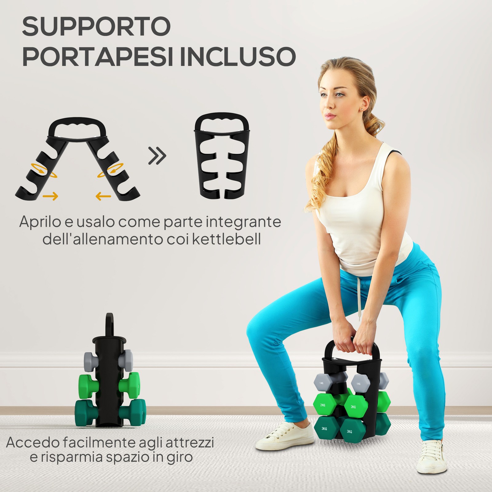Set 6 Pesi Manubri con Supporto Coppie da 1-2-3 Kg in Metallo Verde e Nero foto 5