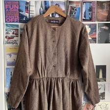 NWT Vtg Ralph Lauren Brown Wool Tweed Houndstooth Round Neck Midi Dress Size 10